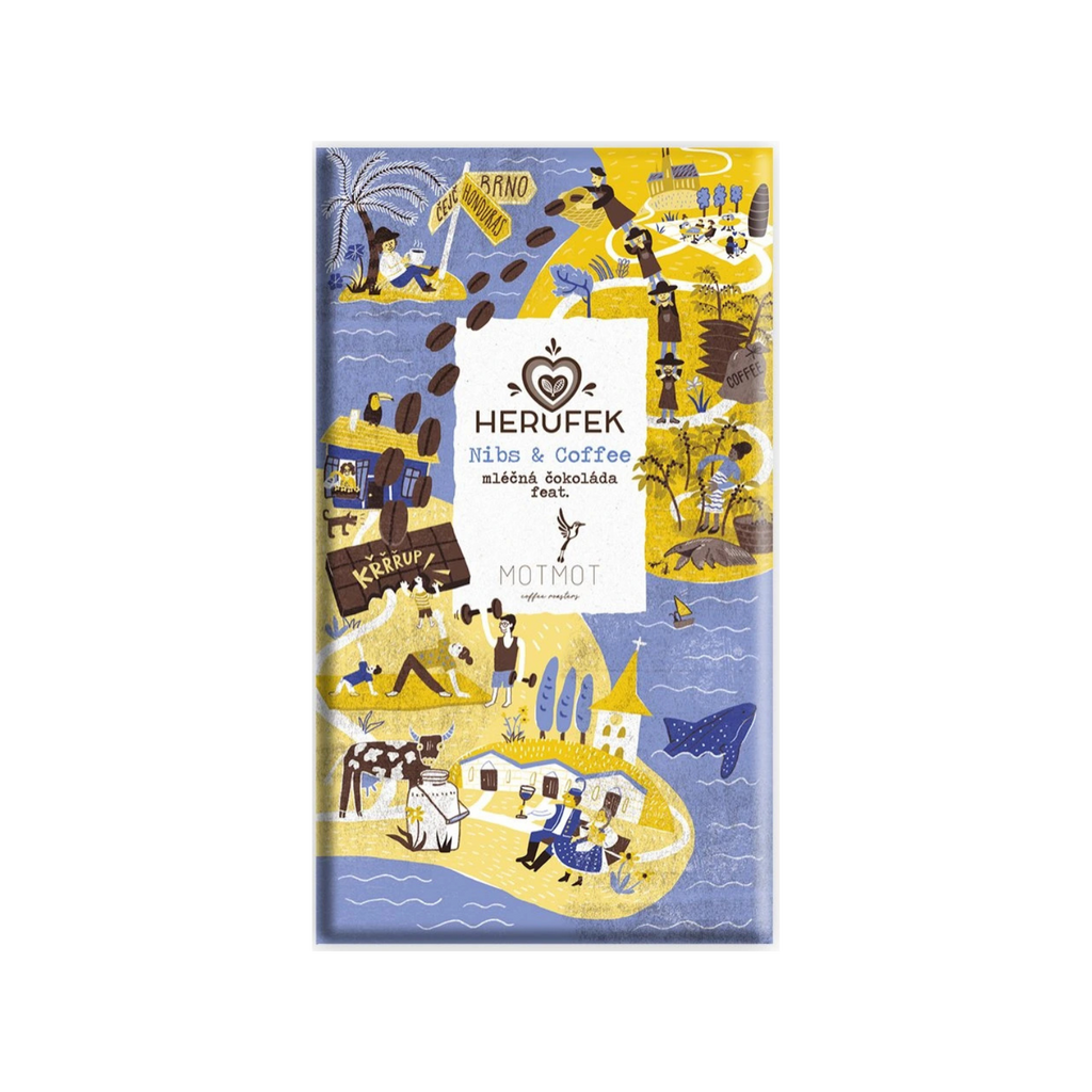 Čokoláda Čokoláda tmavá mléčná 54proc. feat. MOTMOT s kakaovými niby a kávou BIO 50 g Herufek fotografie č. 1
