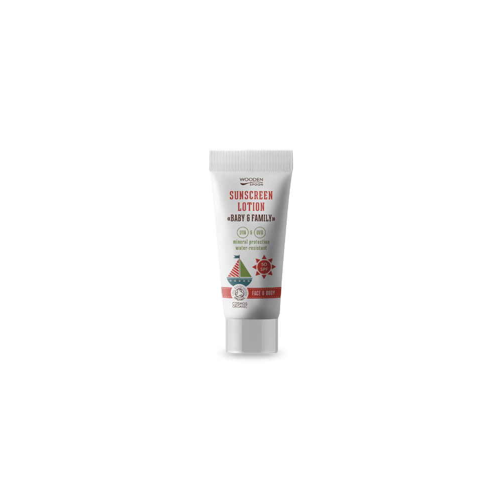 Opalovací krém Opalovací tělové mléko Baby&amp;Family SPF 50 EXP CESTOVNÍ BALENÍ 10 ml Wooden Spoon fotografie č. 1