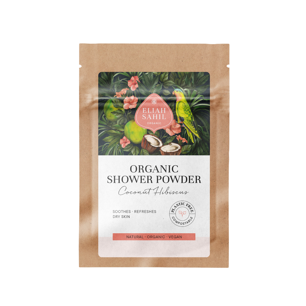 Sprchový prášek Bio Sprchový prášek KOKOS - IBIŠEK na tělo a obličej CESTOVNÍ BALENÍ 10 g Eliah Sahil fotografie č. 1