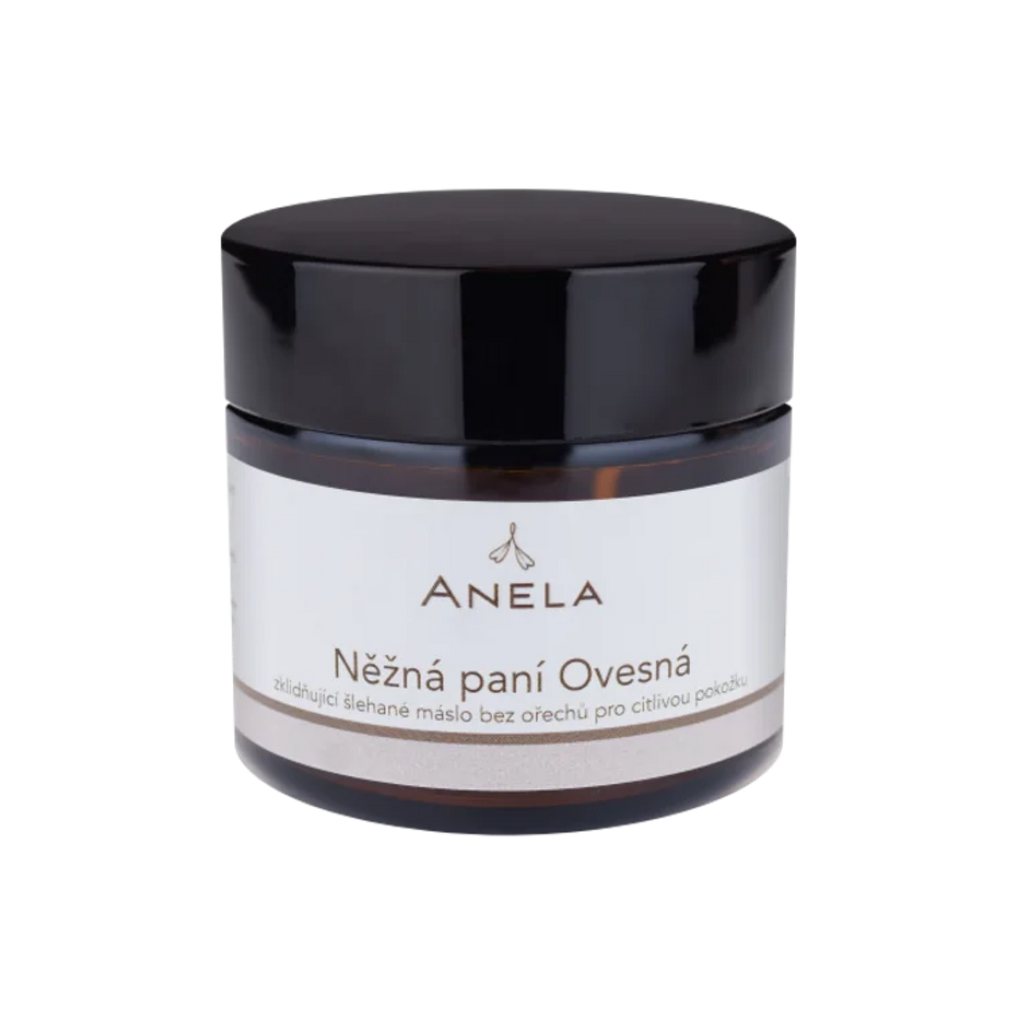 Tělové máslo NĚŽNÁ PANÍ OVESNÁ zklidňující šlehané máslo bez ořechů pro citlivou pokožku 50 ml Anela fotografie č. 1