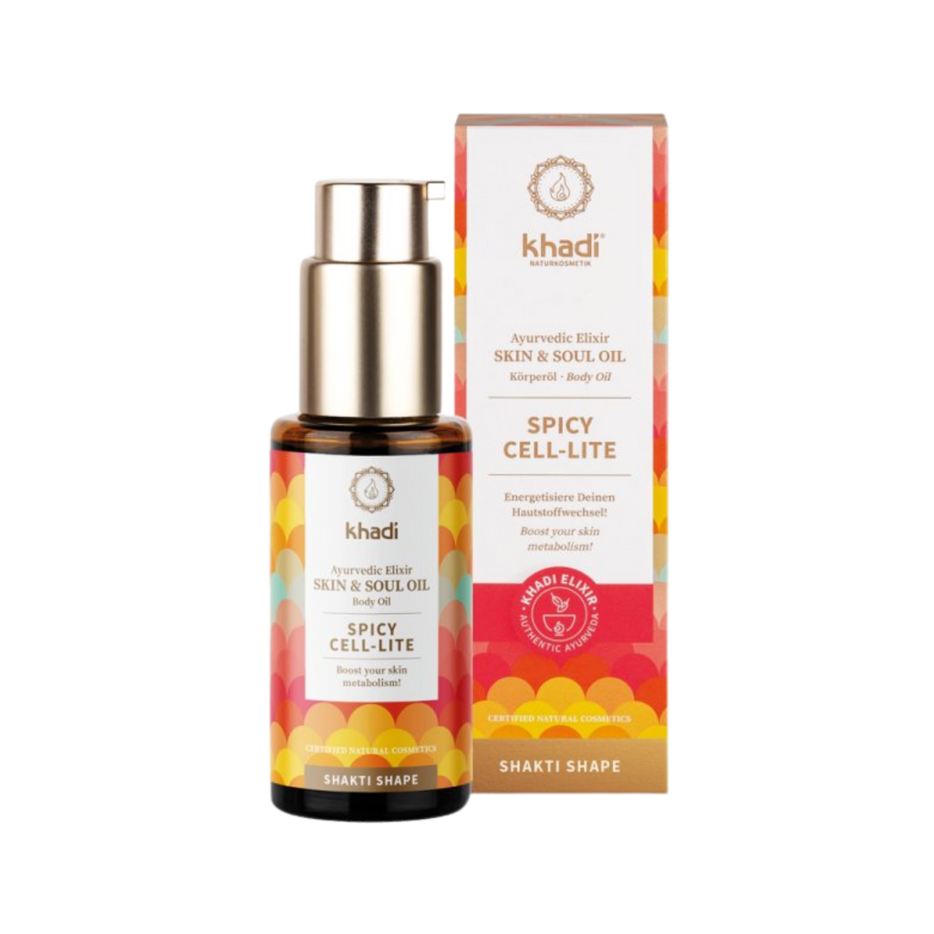 Tělový olej Sérum pro pokožku a duši Ajurvédský elixír k odbourání odpadních metabolitů a celulitidy SPICY CELL-LITE 50 ml Khadi fotografie č. 1