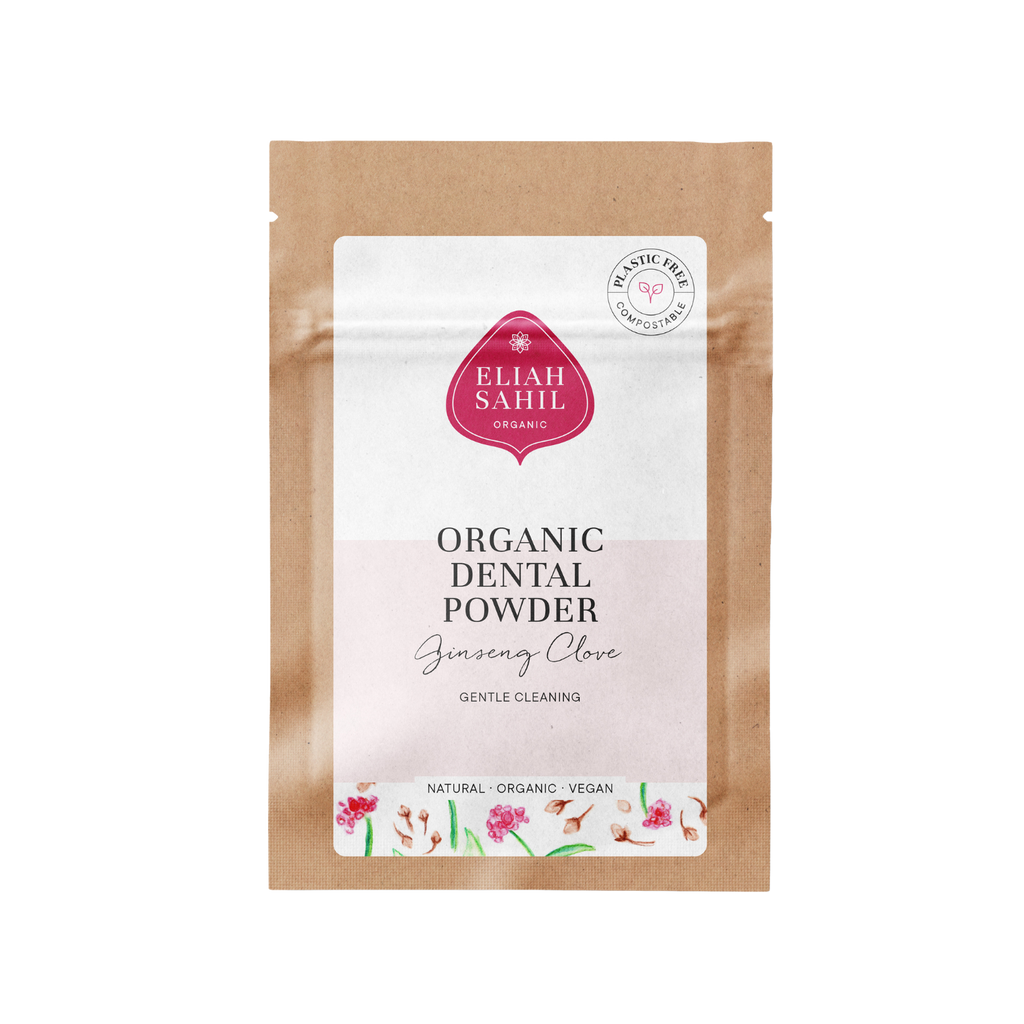 Zubní prášek Bio Zubní prášek ŽENŠEN - HŘEBÍČEK pro čištění zubů a posílení ústní dutiny CESTOVNÍ BALENÍ 5 g Eliah Sahil fotografie č. 1